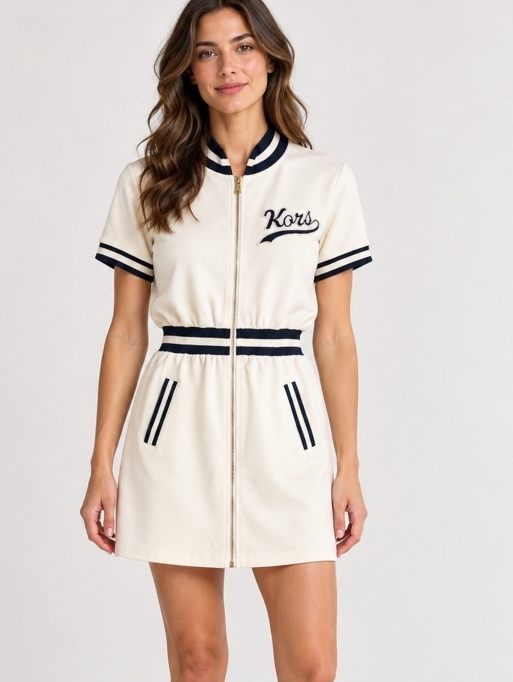 NWT Michael Kors Bone Navy Varsity Zip Front Mini Dress XS**